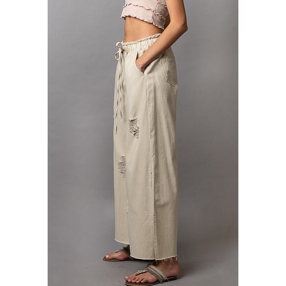 POL High Rise Distressed Adjustable Drawstring Side Slit Wide Leg Pants | Cream - Picture 3 of 4